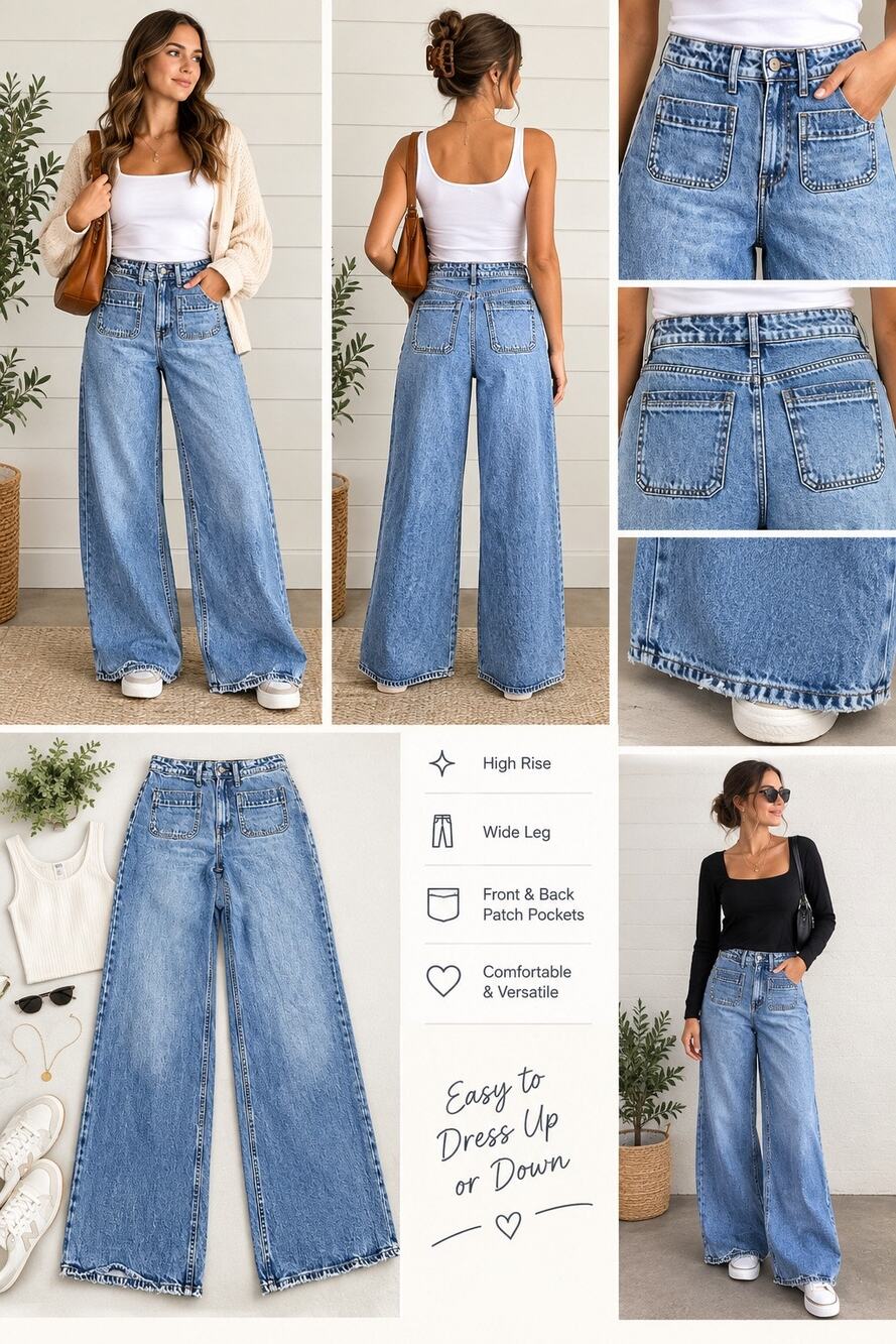 Free Assembly Women's High-Rise Wide-Leg Patch Pocket Jeans (Size 2)